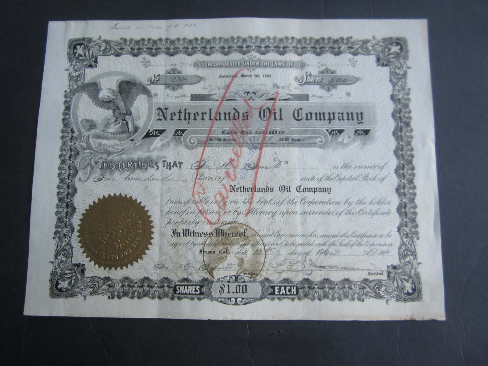 1911 - NETHERLANDS OIL COMPANY - Stock Certificate - FRESNO CA.