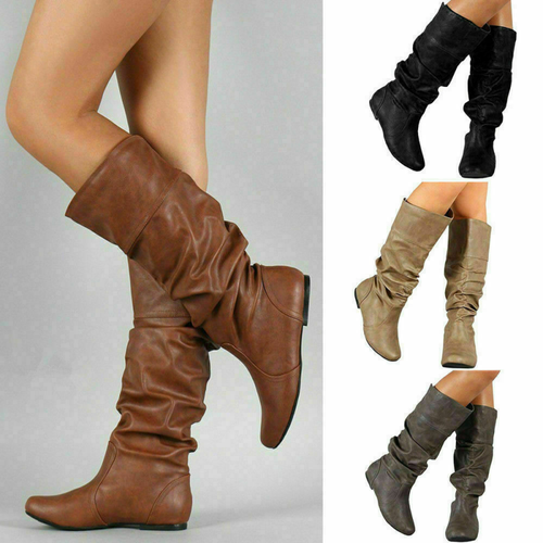 Women Mid Calf Slouch Boots Winter Wide Leg Stretch Flat Riding Comfy Shoes Size - Picture 1 of 10