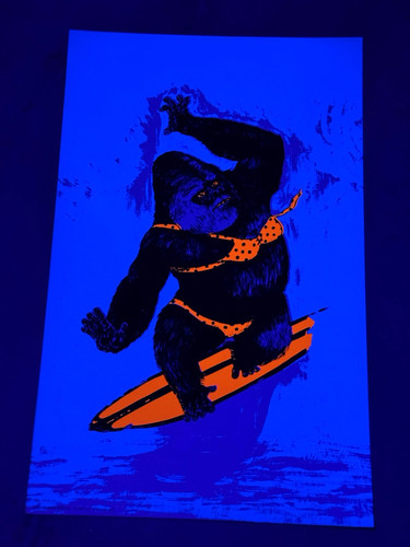 C1965 BLACKLIGHT Poster GORILLA SURFING ~ Polka Dot Bikini ~ CHRISTMAS Gift !