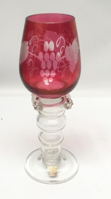 Gullaskruf Sweden Ruby Roemer Bubble Stem Wine Glass w/Prunts