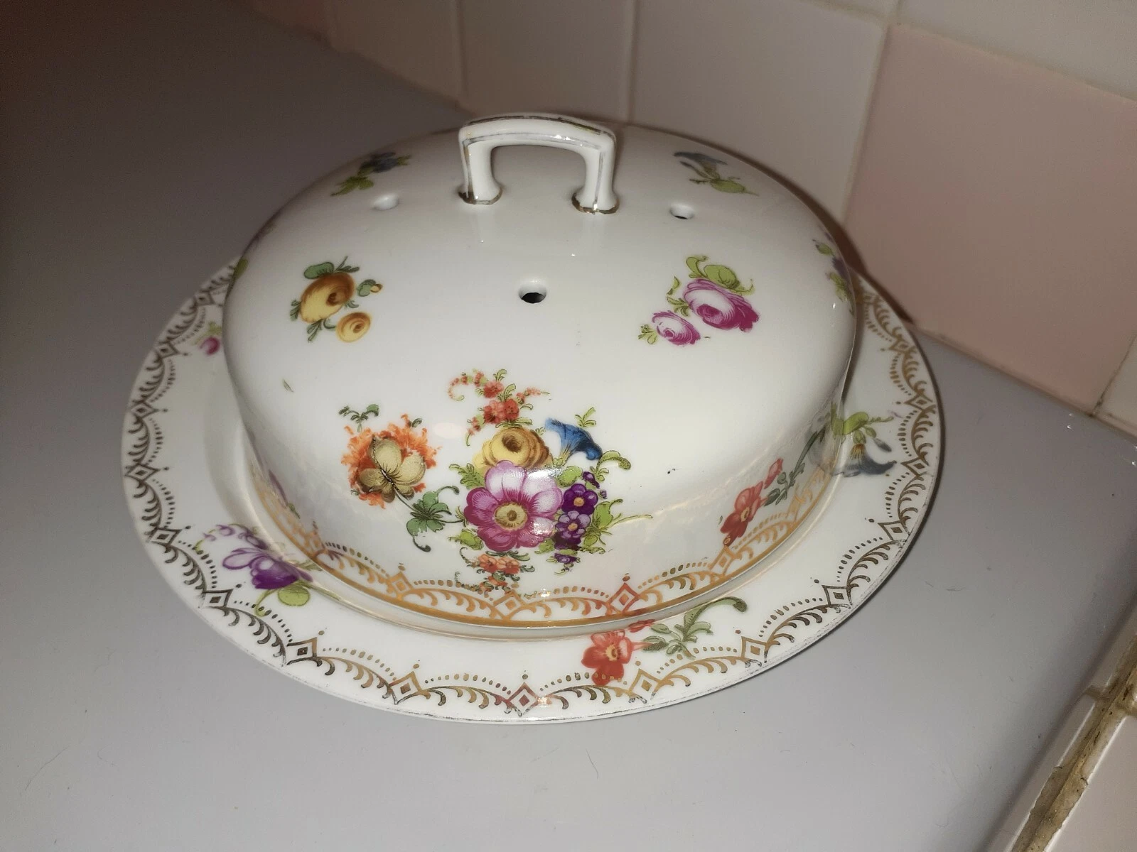M Z Austria Vintage Floral Porcelain Lidded Butter Dish with Gold Trim