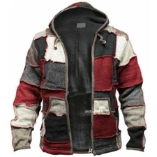 Mens Patchwork Pocket Hippy Winter WARM Zip Boho Knit Jacket Hooded Cardigan