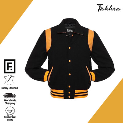 Letterman Varsity Bomber Black Wool Body Leather Strip jacket Man Jackets