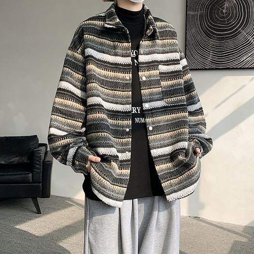 Giacca giubbino uomo a righe giapponese vintage moda tessuto sciolto taglie forti nuovo - Foto 8 di 9
