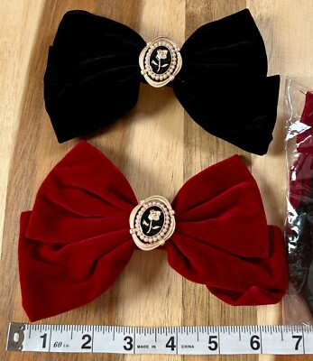 2 Pack Velvet Black & Red Hair Bows with Rose Accents - 2 pkgs (4 total bows)