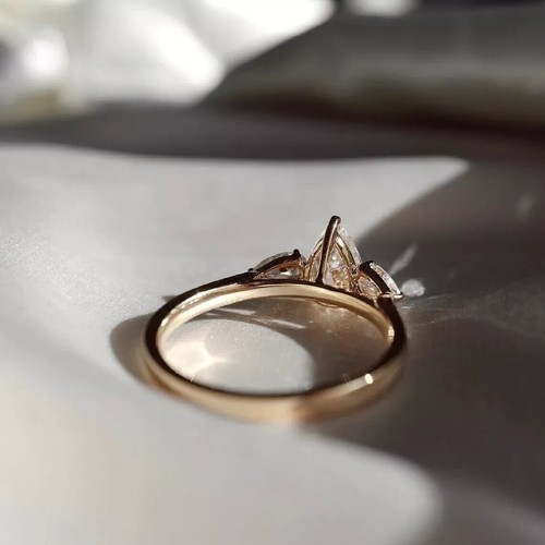 3Ct Pear Cut Lab Created Diamond Three-Stone 14K Yellow Gold FN Engagement Ring - Picture 4 of 8