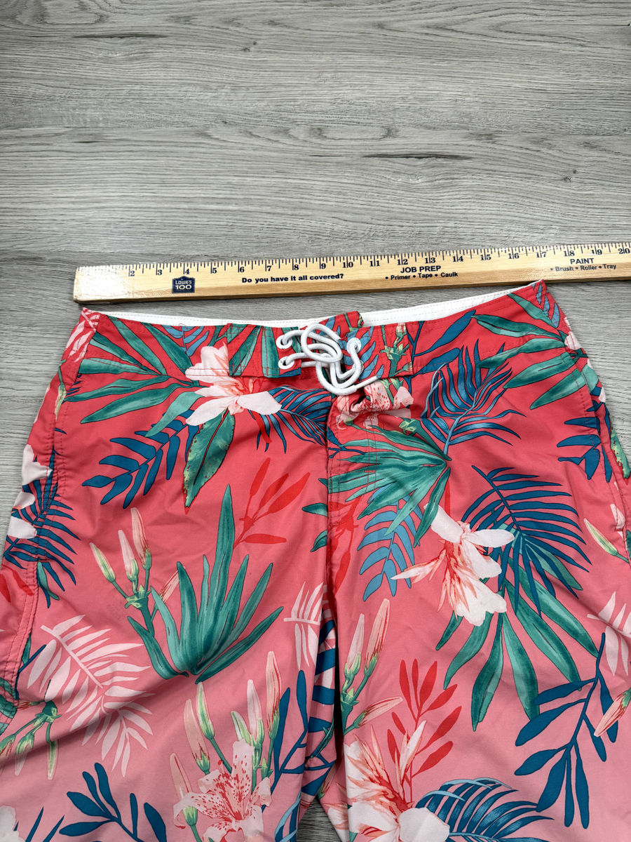 Hollister Shorts Men 32 Pink Blue Hawaiian Floral Flowers Swim