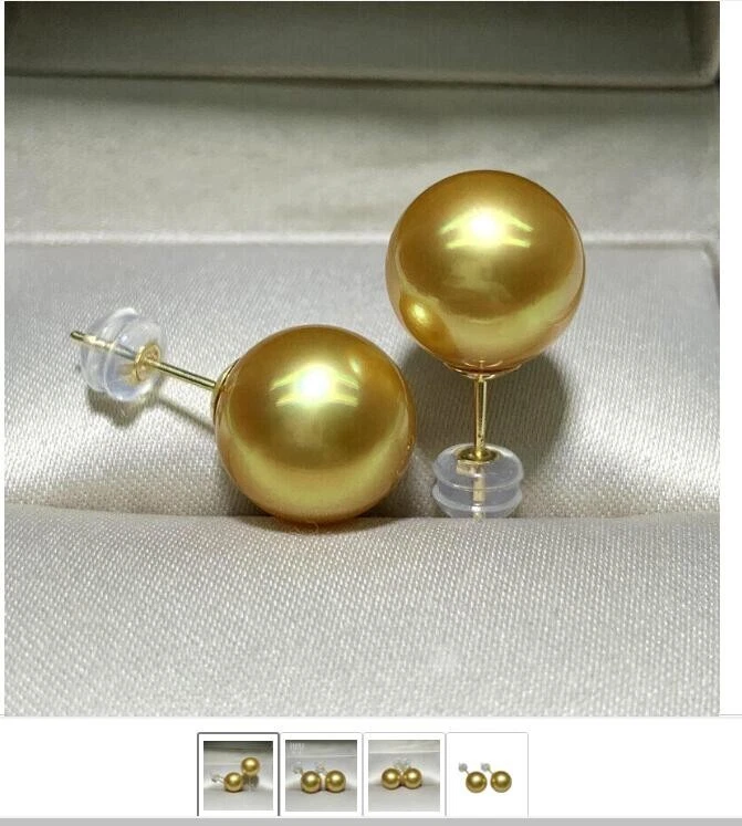 New Gorgeous Huge AAAAA 10-9mm Round South Sea Golden pearl earring18K Yellow - Image 4 of 4
