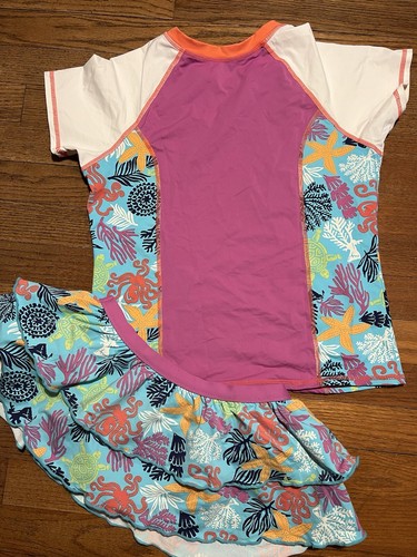Garnet Hill Girl's Size 14 Under Sea Multi Two Piece Rashguard Skort Swim Set - 第 4/10 張圖片