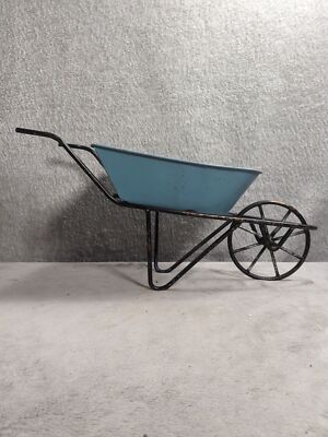 Home Decor Tin Rustic Teal Country Wheel Barrel Planter 13 x6.5 