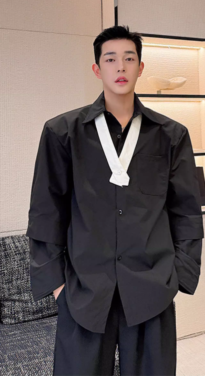 Korean style fashionable double layer cuffs shoulder pad shirt men's tops | eBay Korean style fashionable double layer cuffs shoulder pad shirt men's tops | eBay