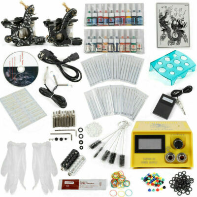 Complete Starter Tattoo Kit 2 Gun Machine Power Supply Set 20 Ink Needle SJ12 UK