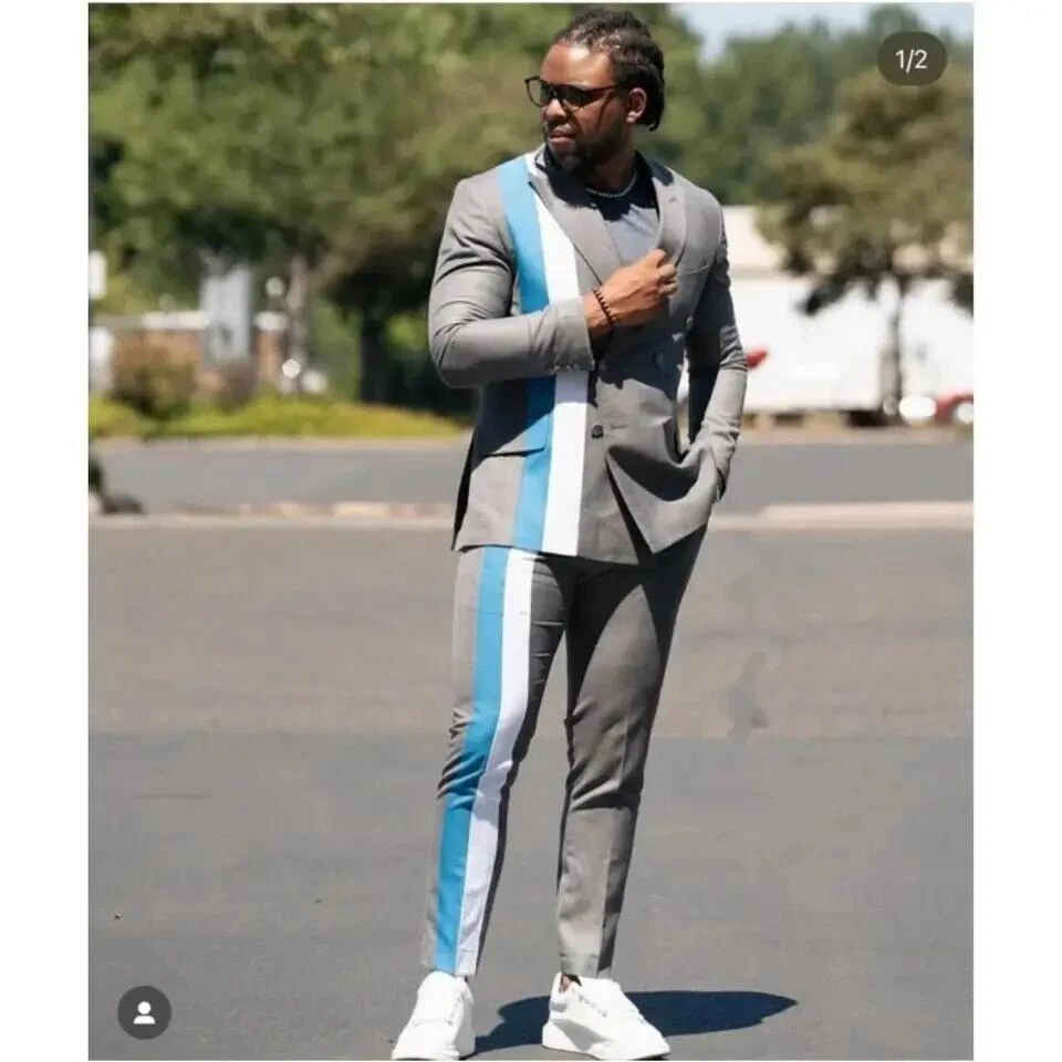 2 Piezas Gris Hombres Trajes Empalme Color Boda Fiesta Formal Novio Esmoquin Blazer Foto 2 de 4