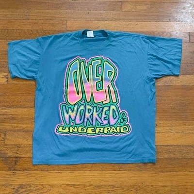 VTG 80s 90s Sun Sportswear Overworked and underpaid graffiti text tshirt L USA