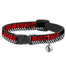 Cat Collar Breakaway with Bell RACING w/Checker Black/White/Red NARROW Fits 8.5-