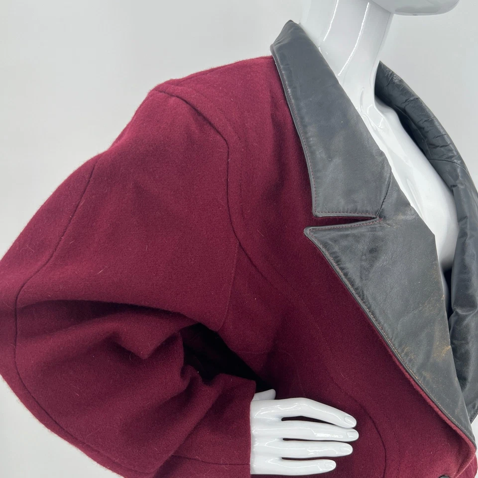 Blazer Esmoquin Vintage Años 80 Borgoña Lana Mangas Ala de Murciélago Cuello Cuero Talla M/L Foto 3 de 4