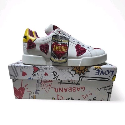 Dolce & Gabbana Portofino Amore Hearts Sequin Sneakers EU 38 White U.S 7-7.5