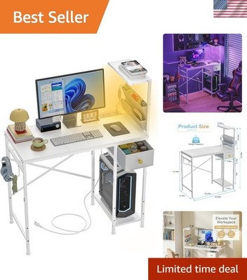33.7'' Computer Desk with Power Outlets, LED Lights & Drawer, Small Office Des...