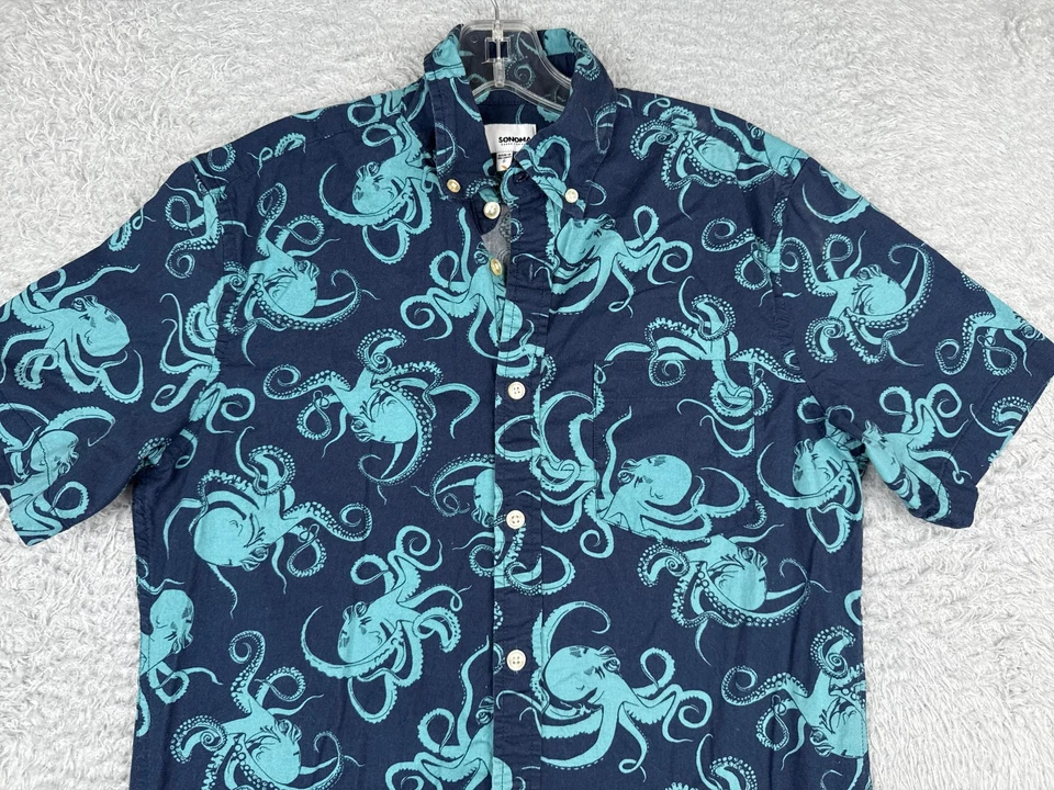 Sonoma Shirt Adult Small Blue Octopus Print Hawaiian Cotton Blend Pocket Slim - Image 4 of 4