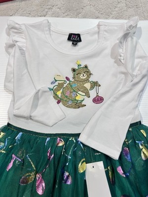 Girls White and Green Cat Dress Size 6X