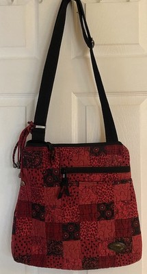 Donna Sharp Red/Black Patchwork Quilted Bucket Crossbody, Multiple Zip Pockets
