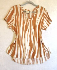 Rachel Zoe T-shirt Women's Plus Size 1 X Rust/Cream Stripe V Neck 100% LINEN Top