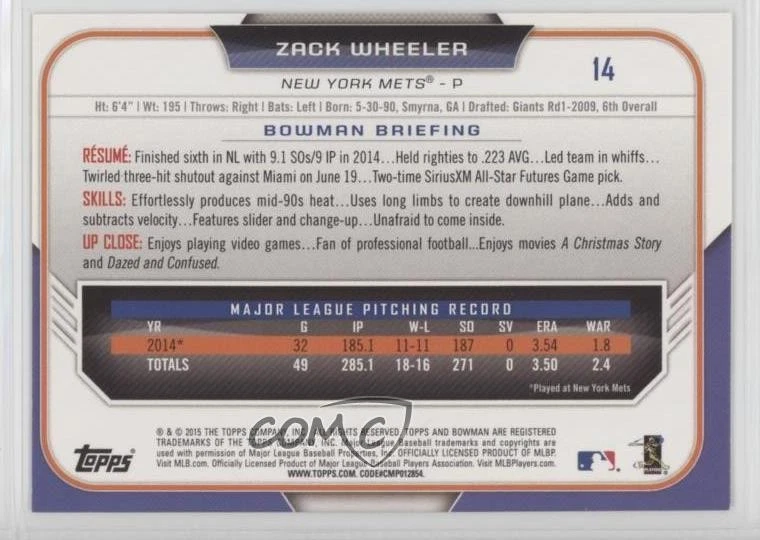 2017 Bowman 70th Anniversary Buybacks Gold Zack Wheeler #2015-14 - Image 2 of 2