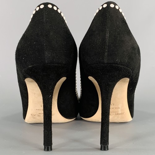 JIMMY CHOO Size 11 Black Cream Suede Faux Pearl Studded Heels Pumps - Picture 3 of 9
