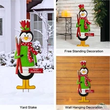 Metal Yard Stake 36" Christmas Penguin Lawn Ornament Hanging Porch Wall Decor