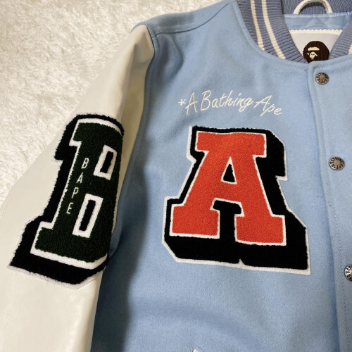 A Bathing Ape 22SS XL Leather Light Blue Crazy Patch Varsity