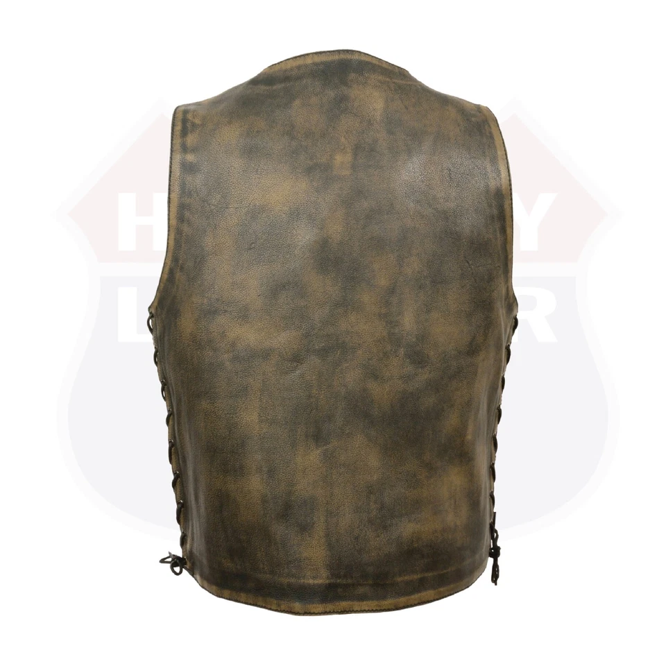 Chaleco de montar de cuero marrón envejecido para motocicleta para hombre con pistola interior MLM3540BEIGE Foto 4 de 4