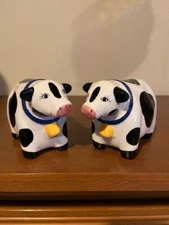 Coco Dowley Ceramic Cow Salt and Pepper Shakers w/Yellow Bell EUC
