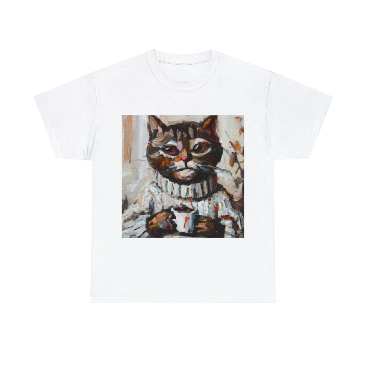Cat Fine Art T Shirt Unisex Feline Wearing Comfy Sweater and Drinking Coffee