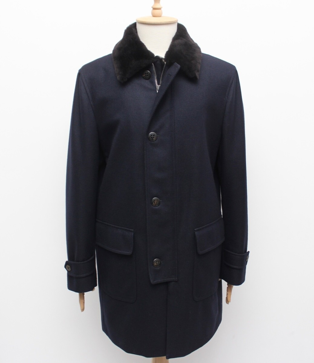Men's BRIONI Luxury Wool Long Navy Fur Collar Coat Overcoat Size
