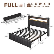 Full Queen Metal Bed Frame with Storage Drawers & Upholstered Storage Headboard