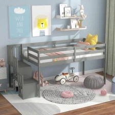 Sturdy and Durable Twin Size Loft Bed with Staircase Gray