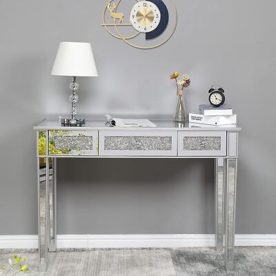 Mirrored Desk w/3/2 Drawers Silver Console Table Mirror Sofa Table Crystal Inlay