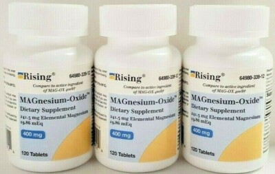 Rising Pharmaceuticals Magnesium Oxide 400mg 120ct White Tabs -3 Pack 7/26
