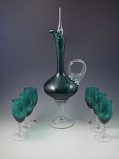 MCM EMPOLI GLASS EMERALD GREEN WINE DECANTER SET 7 PCS SET GOBLETS ORIG BOX