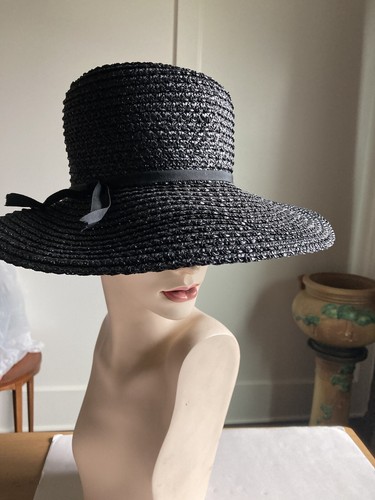 LOVELY VTG PHILIPPE of PARIS BLACK STRAW WIDE BRIM SUMMER HAT - 第 1/5 張圖片