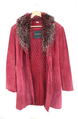 Vintage Y2K Danier Suede Coat w/ Faux Fur Collar Burgundy Sz Small NO US TARIFFS - Picture 7 of 11