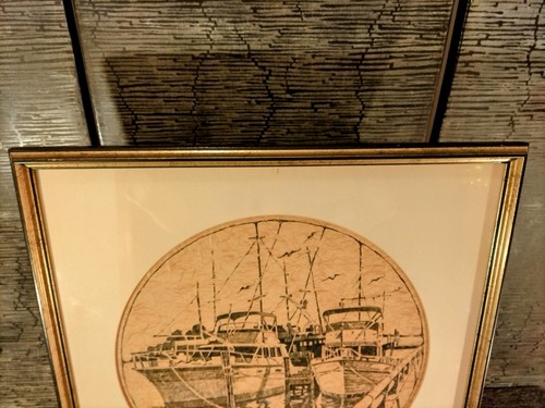 Vintage Boats in Harbor/ Marina Unique etching 19X19 Matted Framed Wall 60s 70s - Picture 10 of 12