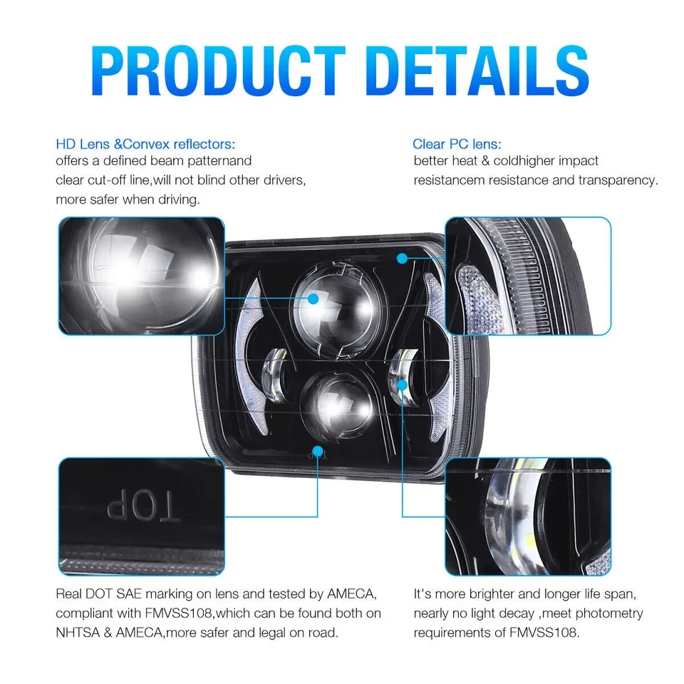 Faróis de LED feixe alto baixo 2 peças para Ford E-150 E-250 E-350 Econoline 5x7" 7x6" - Imagem 4 de 4