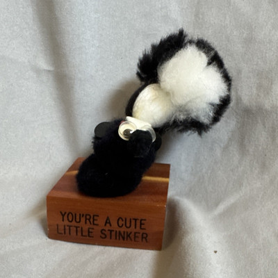 Handmade Vintage 1976 Mini Skunk Plush on Wood Block  Cute Little Stinker 