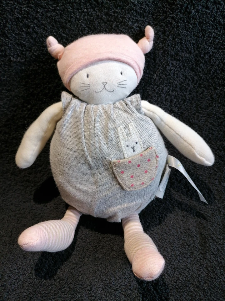 Doudou peluche chat Moon blanc gris rose musical Moulin Roty TTBE - Photo 1/2