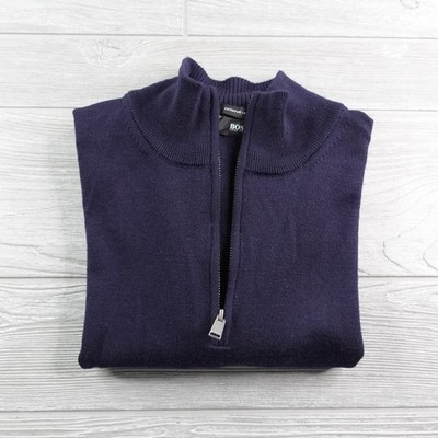 Hugo Boss Extrafine Merino Wool 1/4 Zip Sweater Men's Medium Navy Blue Pullover