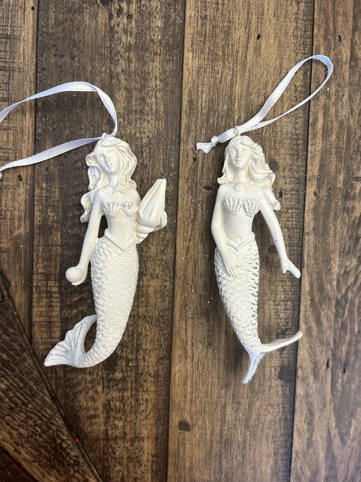 Set Of 2 Kurt Adler Mermaids Holding Shell White Christmas Ornaments