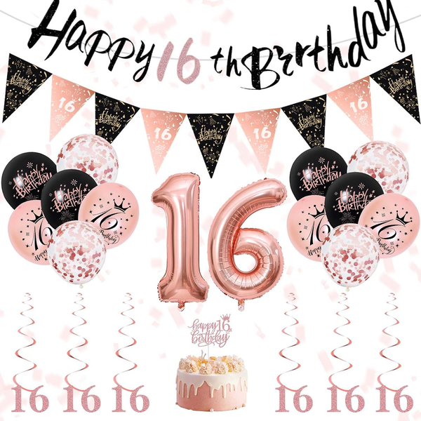 16. Geburtstag MäDchen Deko – Schwarze Rosegold Geburtstagdeko Set Mit Banner 16-image