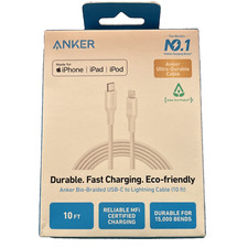 Anker 10ft Bio-Braided Lightning to USB-C Cable Fast Charging White Eco Friendly