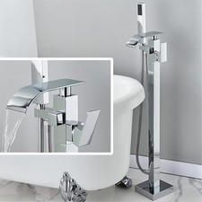 Chrome Waterfall Freestanding Tub Filler Floor Mount Bathtub Faucet w/ Handheld